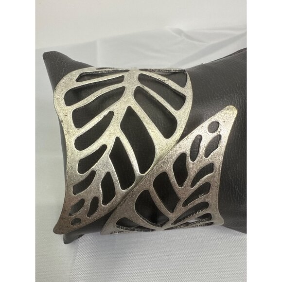 Wide Antique Silver Tone Leaf Cut-Out Cuff Bracelet - Picture 3 of 5